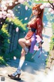 A woman in traditional attire stands on a path with cherry blossoms and a sword.