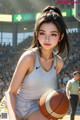 A woman holding a basketball on a basketball court.