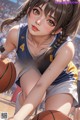 A girl in a blue and yellow uniform holding a basketball.